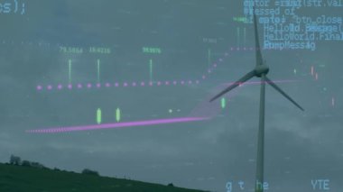 Animation of financial data processing over wind turbine. Global environment, sustainability, business, finances, computing and data processing concept digitally generated video.