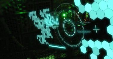Animation of scope scanning and data processing over server room. Global technology and digital interface concept digitally generated video.