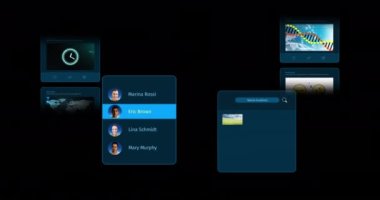 Animation of interface with social media posts and people profiles on black background. Global social media and digital interface concept digitally generated video.