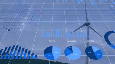 Animation of financial data processing over wind turbine. Global environment, sustainability, wind energy, business, finances, computing and data processing concept digitally generated video.