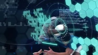 Animation of data processing and scope scanning over diverse male rugby players. Global sport and digital interface concept digitally generated video.