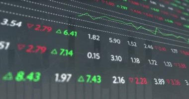 Animation of statistical and stock market data processing against grey background. Global economy and business data technology concept