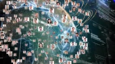 Animation of globe of business profile icons spinning against interface with data processing. Global networking and business technology concept
