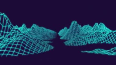 Animation of digital mountains on black background. Light, pattern and movement concept digitally generated video.