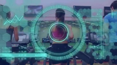 Animation of scope scanning and data processing over caucasian people at gym. Global sport and digital interface concept digitally generated video.