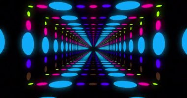 Animation of tunnel of colourful spots moving over black background. Abstract background and pattern concept digitally generated video.