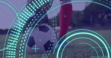 Animation of data processing and scope scanning over caucasian male soccer player. Global sport and digital interface concept digitally generated video.