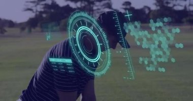Animation of scope scanning and data processing over caucasian man playing golf. Global sport and digital interface concept digitally generated video.