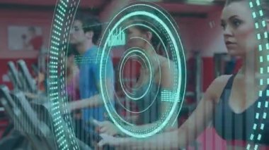Animation of scope scanning and data processing over caucasian people at gym. Global sport and digital interface concept digitally generated video.
