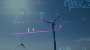 Animation of financial data processing over wind turbines. Global environment, sustainability, business, finances, computing and data processing concept digitally generated video.