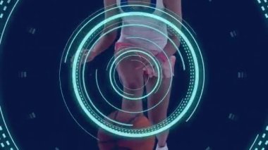 Animation of scope scanning over caucasian woman playing basketball. Global sport and digital interface concept digitally generated video.