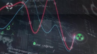 Animation of data processing over eco icons and world map. Global business, finances, cloud computing and data processing concept digitally generated video.