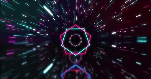Siyah Arkaplanda Mor Pembe Neon Altıgenlerin Işık Izlerinin Animasyonu Neon — Stok video