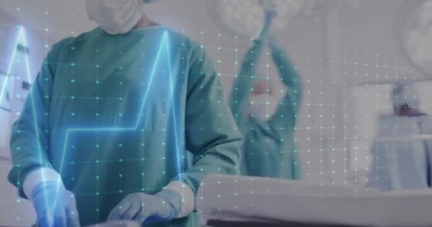 Animatie Van Cardiograaf Diverse Chirurgen Opererend Patiënt Het Ziekenhuis Geneeskunde — Stockvideo