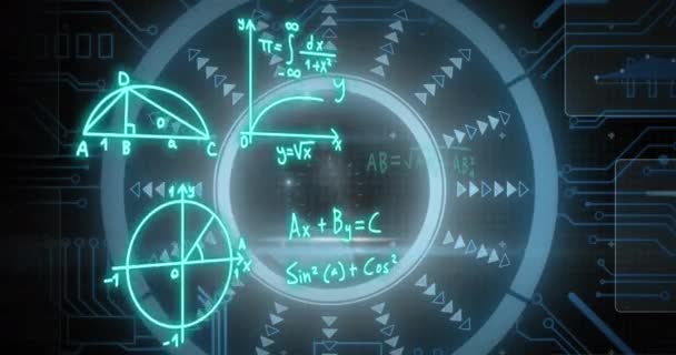 Анимация Математических Уравнений Над Белыми Кругами Сканирование Области Видимости Концепция — стоковое видео