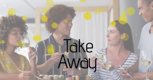 Animation Take Away Text Spots Diverse Group Friends Eating Sushi — Video Stock