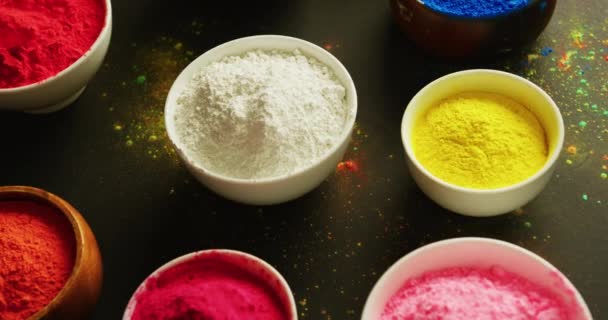 Video Multi Coloured Powder Bowls Copy Space Black Background Holi — Stok video