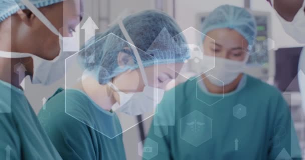 Animering Pilar Och Ikoner Över Olika Kirurger Som Opererar Patienten — Stockvideo