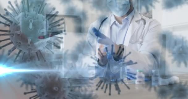 Animation Biracial Male Doctor Virus Cells Global Medicine Science Digital — Vídeos de Stock