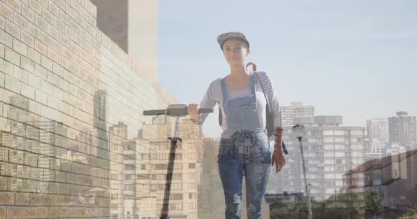 Animation Cityscape Biracial Woman Walking Scooter Lifestyle Abstract Background Digital — 비디오