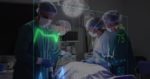 Анімація Кардіографії Над Різноманітними Хірургами Працюють Пацієнта Лікарні Концепція Медицини — стокове відео