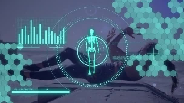 Animation Data Processing Scope Scanning Skeleton Caucasian Woman Exercising Global — Vídeo de Stock