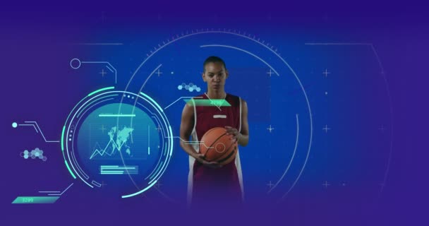 Animatie Van Gegevensverwerking Afrikaanse Amerikaanse Vrouwelijke Basketbalspeler Wereldwijd Concept Voor — Stockvideo