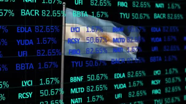 Animation Stock Market Data Processing Waving Argentina Flag Black Background — Stockvideo