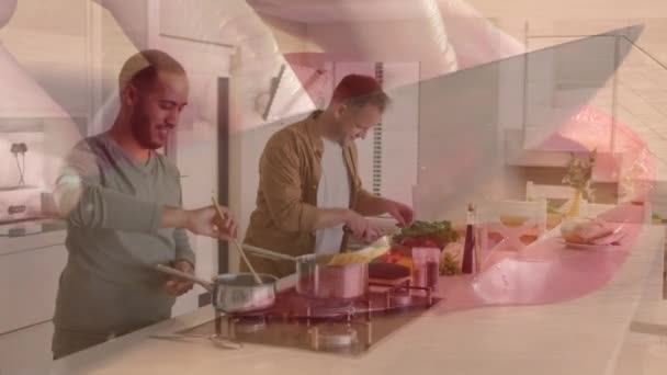 Animatie Van Handen Snijden Groenten Diverse Mannelijke Paar Koken Diner — Stockvideo