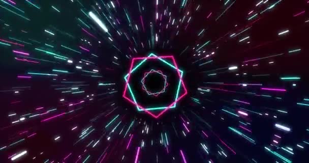 Siyah Arkaplanda Mor Pembe Neon Altıgenlerin Işık Izlerinin Animasyonu Neon — Stok video