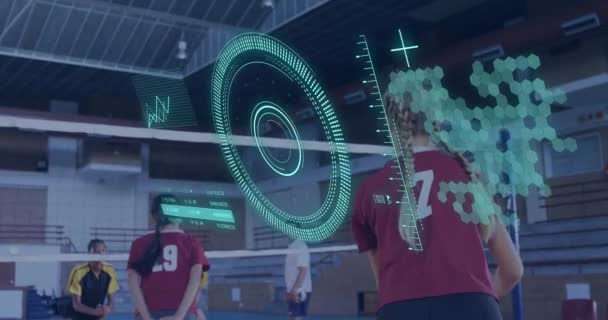 Animation Scope Scanning Data Processing Diverse Women Playing Volleyball Gym — Vídeos de Stock