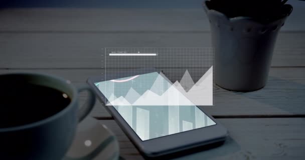 Animación Del Procesamiento Datos Financieros Través Smartphone Taza Café Sobre — Vídeos de Stock