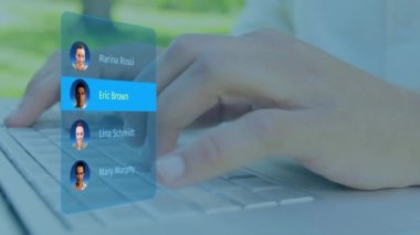 Animation of social media people profiles over hands typing on keyword. Global social media and digital interface concept digitally generated video.