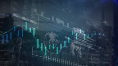 Animation of data processing over cityscape. Global business, finances, cloud computing and data processing concept digitally generated video.