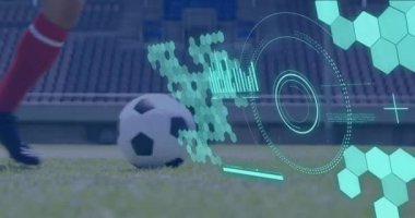 Animation of scope scanning and data processing over caucasian man playing football. Global sport and digital interface concept digitally generated video.