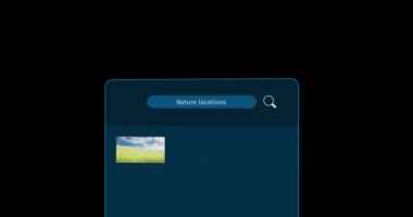 Siyah arka planda doğa konumları metin ve manzara arayüzü animasyonu. Küresel sosyal medya ve dijital arayüz kavramı dijital olarak oluşturulmuş video.