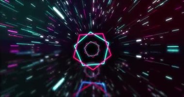 Animation of purple and pink neon hexagons and light trails on black background. Neon, light and movement concept digitally generated video.