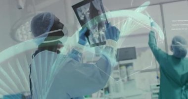 Animation of dna strand and chemical formula over diverse surgeons working at hospital. Medicine, healthcare and digital interface concept concept digitally generated video.