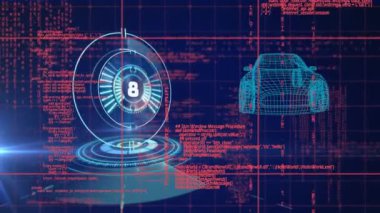 Animation of 3d car model, scope scanning with countdown and data processing. Global car engineering, business, finances, computing and data processing concept digitally generated video.