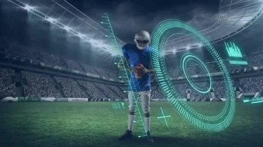 Animation of scope scanning and data processing over african american male american football player. Global sport and digital interface concept digitally generated video.