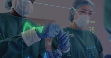 Animation of cardiograph over diverse surgeons operating on patient at hospital. Medicine, healthcare and digital interface concept concept digitally generated video.