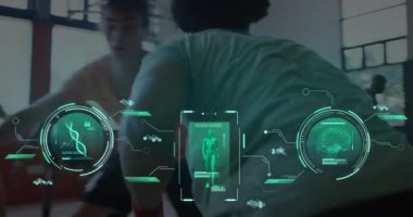 Animation of data processing over diverse male basketball players. Global sports, science, computing, digital interface and data processing concept digitally generated video.