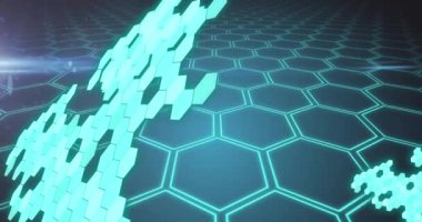 Animation of shapes moving and light spots on blue background. Global science and digital interface concept digitally generated video.