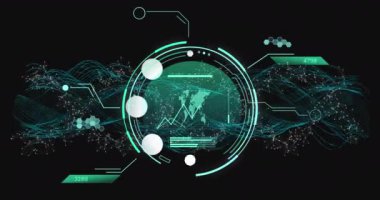 Animation of data processing and scope scanning over shapes and world map. Global science and digital interface concept digitally generated video.
