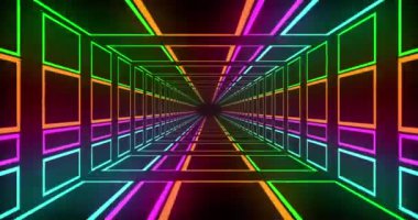 Animation of tunnel of colourful shapes moving over black background. Abstract background and pattern concept digitally generated video.