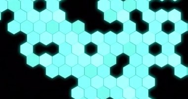 Animation of glowing hexagons on black background. Global technology, computing and digital interface concept digitally generated video.