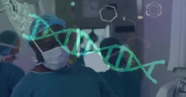 Animation of dna strand and chemical formula over diverse surgeons operating on patient at hospital. Medicine, healthcare and digital interface concept concept digitally generated video.