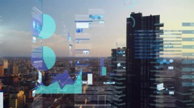 Animation of financial data processing over cityscape. Global business, finances, computing and data processing concept digitally generated video.