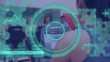 Animation of scope scanning and data processing over caucasian people at gym. Global sport and digital interface concept digitally generated video.