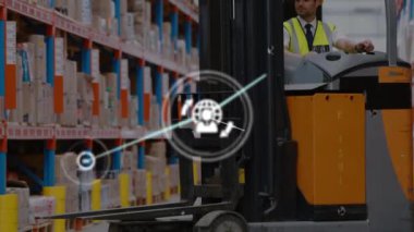 Animation of network of connections with icons over caucasian man working in warehouse. Global shipping, business, finances, computing and data processing concept digitally generated video.